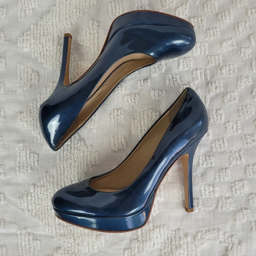 Joan & David teal blue patent leather platform pinup stiletto pumps almond toe 6 - Picture 5 of 12